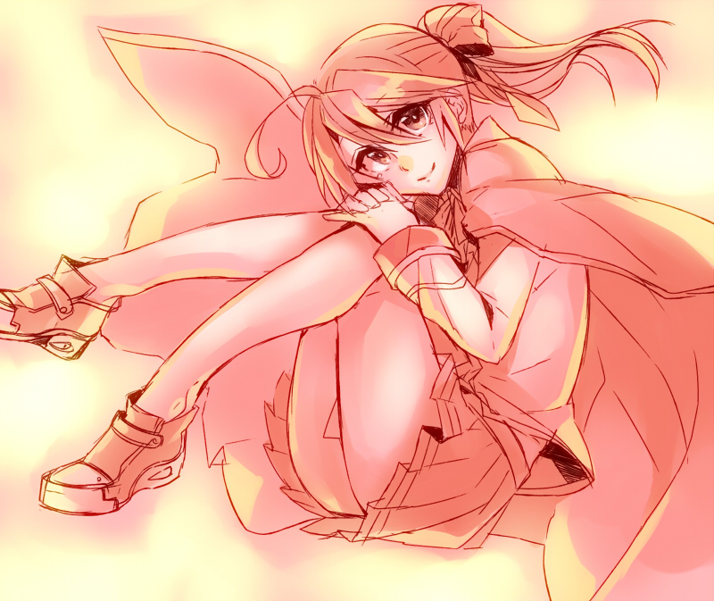 1girl ahoge ankle_boots blazblue blazblue_phase_0 boots cape celica_a._mercury female_focus kaneaki_mukku knees_to_chest long_hair monochrome ponytail school_uniform skirt smile solo