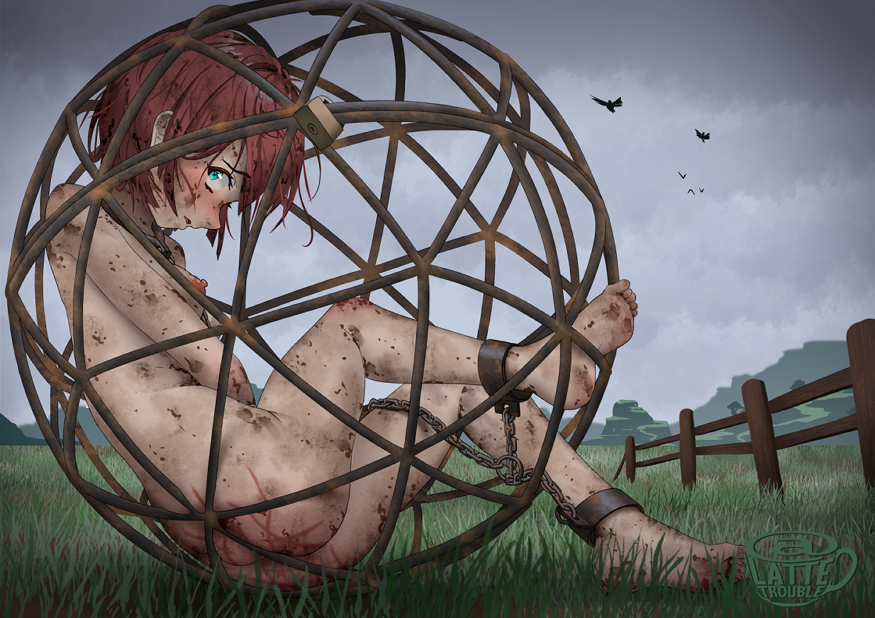 1girl ankle_cuffs aqua_eyes artist_logo artist_name barefoot bdsm blush bondage bound bound_ankles bound_legs breasts cage chain collar commentary completely_nude cuffs d: dirty dirty_feet english_commentary fence from_side grass head_down in_cage lattetrouble lock logo looking_to_the_side metal_collar nipples nude open_mouth original outdoors overcast padlock post_and_rail_fence red_hair restrained rust scraped_knee shackles short_hair simple_bird sitting sky slave small_breasts solo upturned_eyes watermark whip_marks wooden_fence