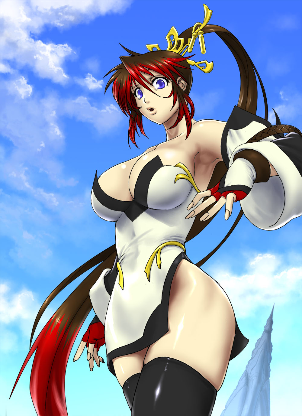 1girl armpits banpresto breasts dress female_focus fingerless_gloves fingernails gloves highres huge_breasts kazue long_fingernails long_hair nanbu_kaguya ponytail solo strapless strapless_dress super_robot_wars super_robot_wars_og_saga_mugen_no_frontier thighhighs very_long_hair