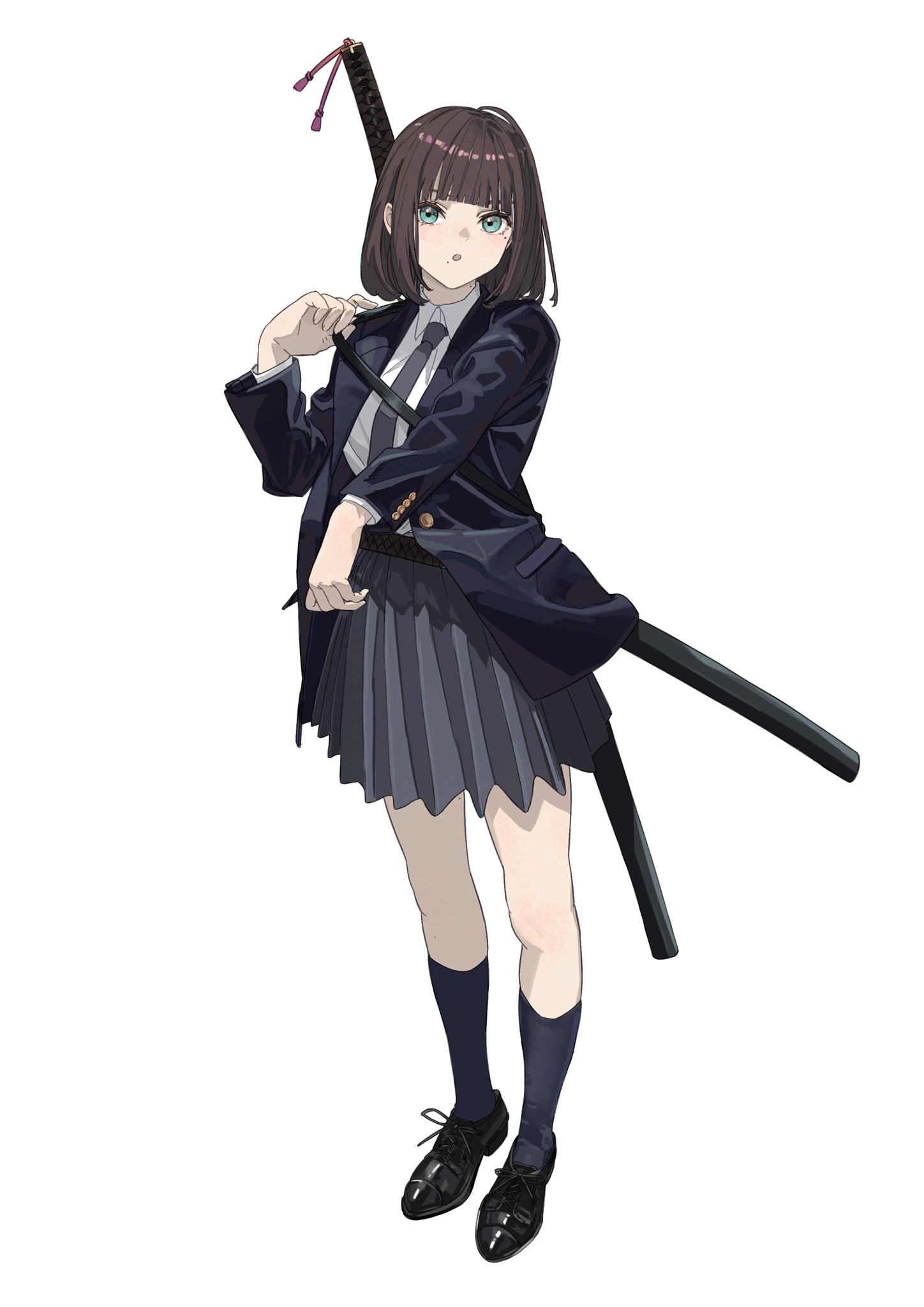 1girl black_necktie blue_eyes brown_hair highres jacket katana looking_at_viewer mole mole_on_neck mole_under_eye mole_under_mouth necktie ootachi original sawatani_(_swt2) school_uniform shirt short_hair skirt solo sword thighhighs weapon white_background white_shirt