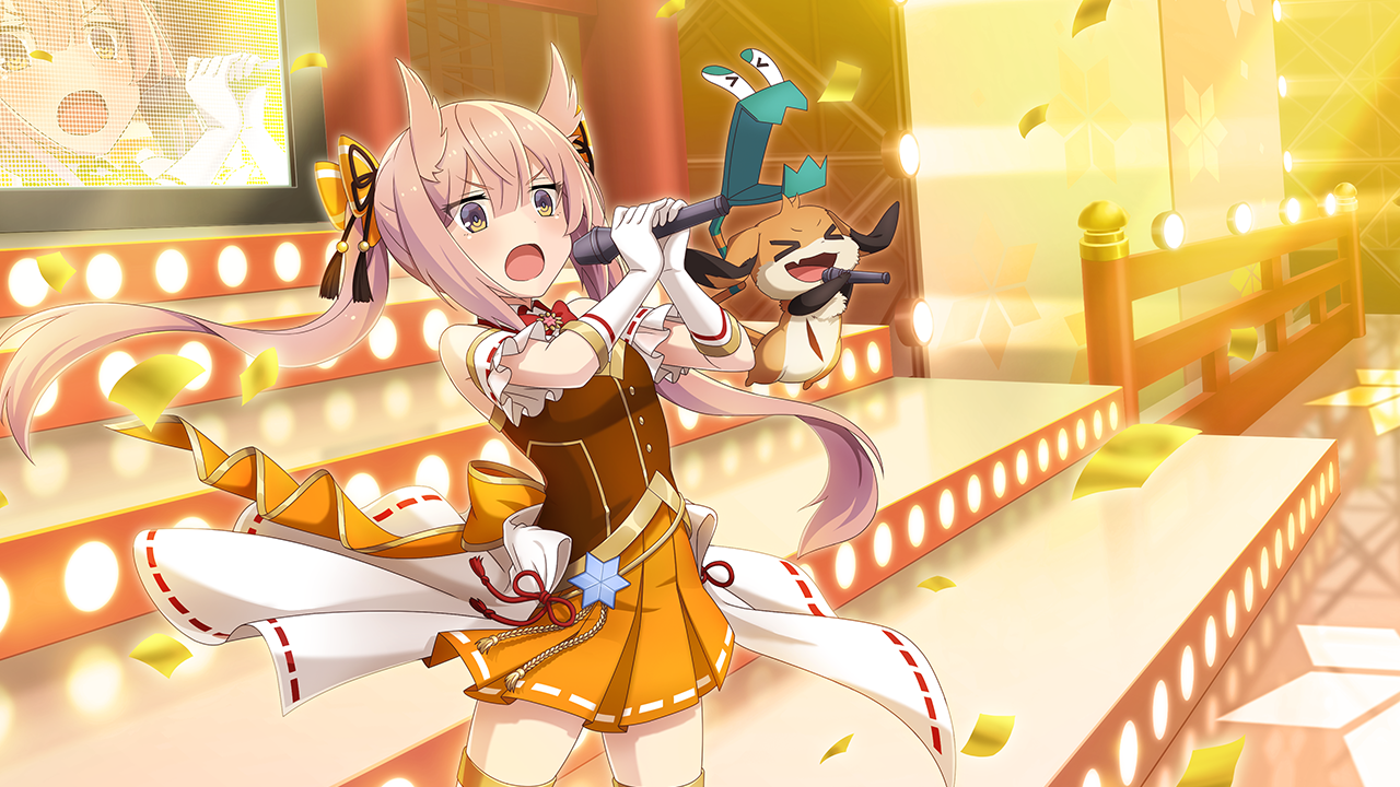 >_< 1girl :d brown_shirt elbow_gloves game_cg gloves hair_horns holding holding_microphone idol_clothes long_hair mashiko_kaoru microphone nene_(toji_no_miko) official_art open_mouth orange_skirt overskirt pink_hair pleated_skirt purple_eyes screen_zoom shirt skirt smile solo stage standing toji_no_miko toji_no_miko:_kizamishi_issen_no_tomoshibi twintails white_gloves white_skirt