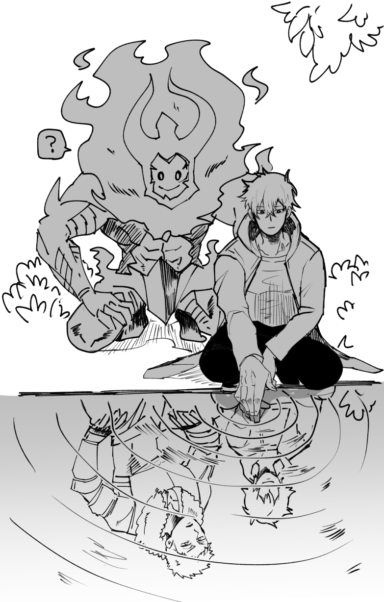 2boys ? armor black_hair bush collarbone dual_persona full_armor fur-trimmed_armor fur_trim greyscale hair_between_eyes highres hiyomon hood iron_(solo_leveling) jacket long_sleeves male_focus monochrome multiple_boys no_eyes pants pond reflection reflective_water shirt short_hair smile solo_leveling spoken_question_mark squatting sung_jin-woo upside-down water white_background yoo_jin-ho