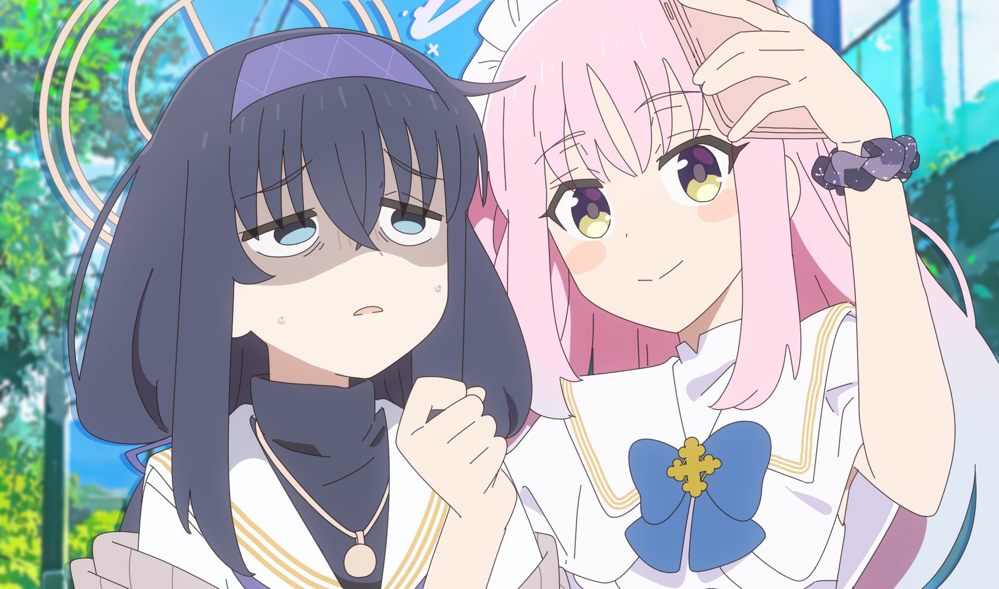 2girls black_hair blue_archive blue_bow bocchi_the_rock! bow cellphone dress hairband halo highres mika_(blue_archive) multiple_girls parody phone pink_hair sailor_collar school_uniform selfie shaded_face smile sweat tanikomotimoti ui_(blue_archive) white_dress