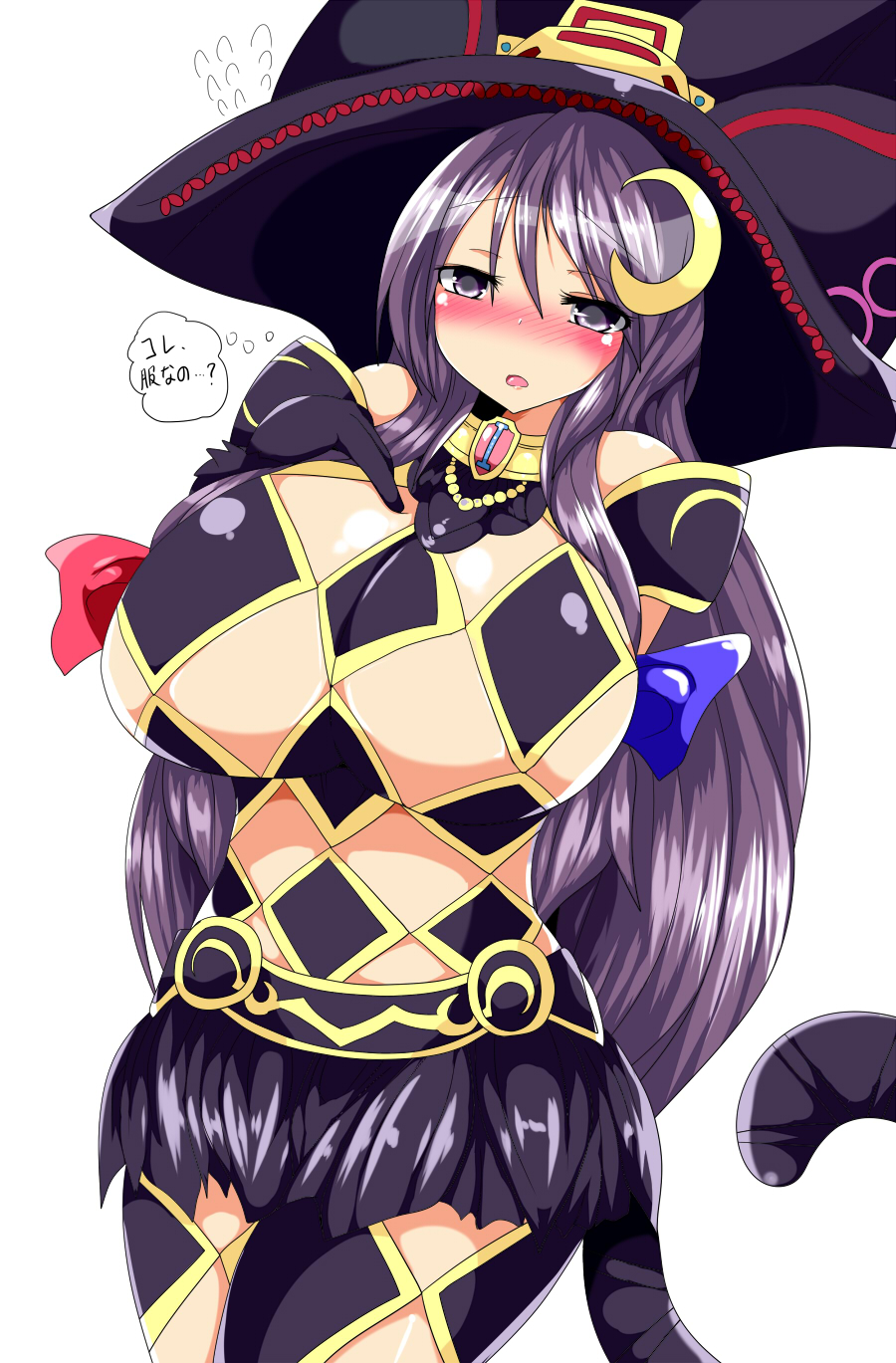 1girl argyle_clothes argyle_cutout argyle_legwear black_gloves blue_ribbon blush breasts clothing_cutout cosplay crescent crescent_hair_ornament elbow_gloves female_focus fiore_brunelli fiore_brunelli_(cosplay) fiore_burnelli_(cosplay) flying_sweatdrops gloves hair_ornament hand_on_own_chest hat highres huge_breasts long_hair looking_at_viewer patchouli_knowledge purple_eyes purple_hair red_ribbon revealing_clothes ribbon solo star_ocean star_ocean_integrity_and_faithlessness taku_(yakumodaisuki) touhou very_long_hair witch_hat