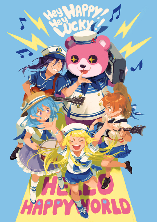 5girls :3 anchor_symbol animal_costume antenna_hair arms_up bad_id bad_tumblr_id bang_dream! bear_costume black_footwear blonde_hair blue_background blue_footwear blue_hair blue_neckerchief blue_ribbon blue_shirt blue_shorts blue_skirt boombox boots bow bracelet buttons closed_eyes commentary_request double-breasted drum drumsticks electric_guitar english_text grin group_name guitar hat hat_bow hat_ribbon hello_happy_world! holding holding_instrument instrument jewelry kitazawa_hagumi knee_boots kneehighs lightning_bolt_symbol looking_at_another loveariddle mascot_costume matsubara_kanon multiple_girls musical_note neckerchief nervous o/ okusawa_misaki one_side_up open_mouth orange_eyes orange_hair outstretched_arms peaked_cap ponytail purple_eyes purple_hair ribbon sailor_hat school_uniform serafuku seta_kaoru shirt shoes short_hair short_sleeves shorts simple_background skirt smile socks sparkling_eyes standing straw_hat striped_bow striped_ribbon tsurumaki_kokoro white_footwear white_legwear white_shirt
