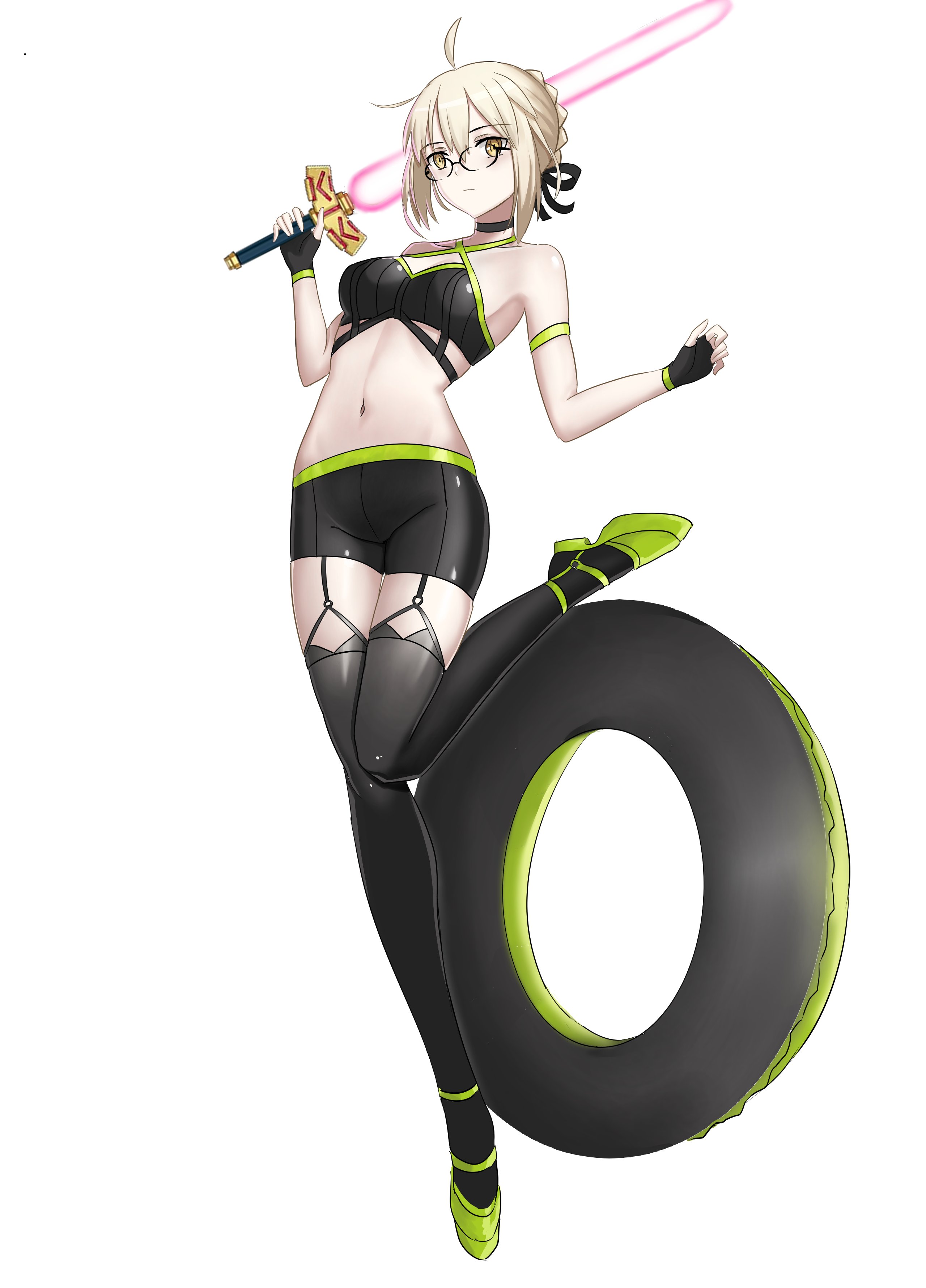 1girl absurdres ahoge artoria_pendragon_(fate) bike_shorts black_thighhighs blonde_hair breasts crop_top energy_sword fate/grand_order fate_(series) full_body garter_straps glasses highres holding holding_sword holding_weapon innertube lightsaber longdq3008 looking_at_viewer midriff mysterious_idol_x_alter_(fate) navel short_hair sidelocks solo standing standing_on_one_leg swim_ring sword thighhighs weapon white_background yellow_eyes