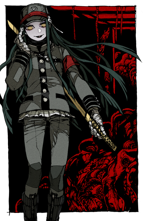 1boy androgynous armband bandaged_hand bandages black_boots boots breast_pocket buttons chain danganronpa_(series) danganronpa_v3:_killing_harmony gakuran green_gakuran green_hair hat holding holding_sword holding_weapon jacket katana lipstick long_hair long_sleeves looking_at_viewer makeup male_focus mankintan no_mask pants pocket red_armband school_uniform shinguji_korekiyo shirt smile solo spoilers standing striped_clothes striped_jacket sword weapon yellow_eyes
