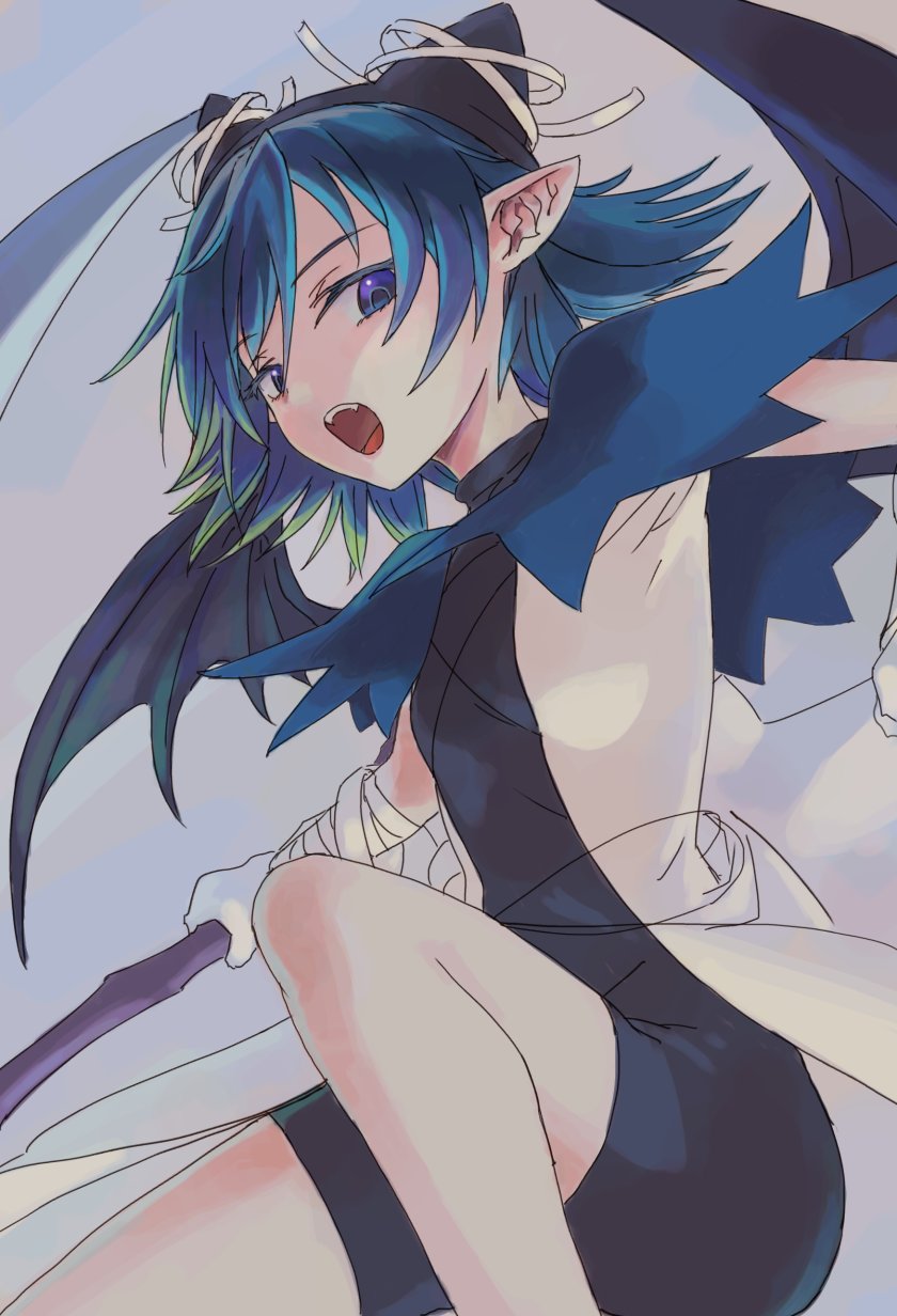 1girl bandaged_wrist bandages bat_wings black_bodysuit blue_capelet blue_hair bodysuit capelet fangs flipped_hair hat highres holding holding_weapon open_mouth pointy_ears purple_eyes riviera serene_(riviera) short_hair solo vaison weapon wings