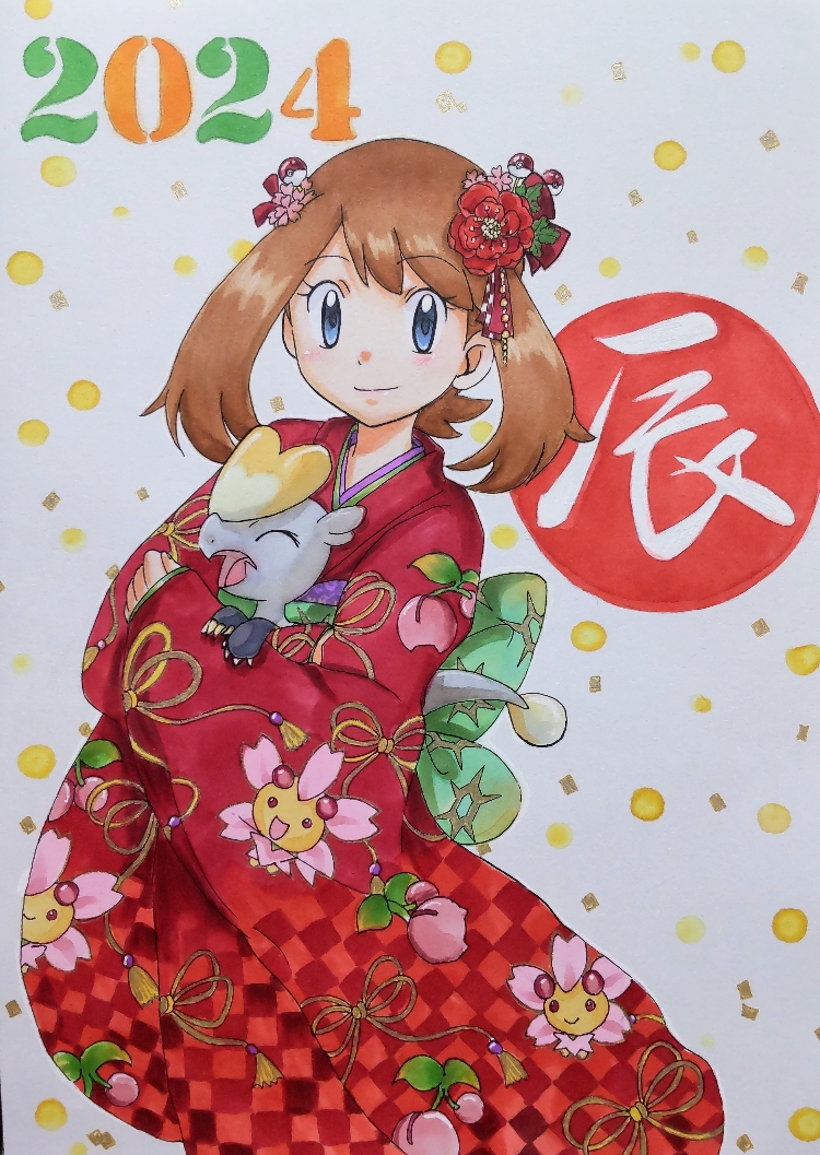 1girl 2024 alternate_costume blue_eyes brown_hair character_print checkered_print cherrim cherubi closed_mouth commentary_request eyelashes flower gen_4_pokemon gen_7_pokemon hair_flower hair_ornament holding holding_pokemon jangmo-o japanese_clothes kimono looking_at_viewer may_(pokemon) medium_hair nintendo pokemon pokemon_(creature) pokemon_rse print_kimono red_flower red_kimono smile traditional_media zao_(beans-alliance)