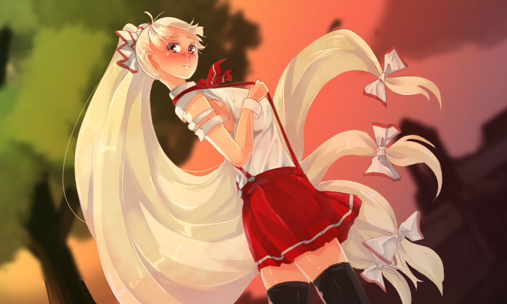 1girl adapted_costume amatou3 ascot black_thighhighs bow breasts female_focus fujiwara_no_mokou hair_bow hair_ribbon large_breasts long_hair looking_at_viewer looking_to_the_side ponytail red_eyes red_skirt ribbon skirt solo suspenders suspenders_pull thighhighs touhou tree tress_ribbon very_long_hair white_hair