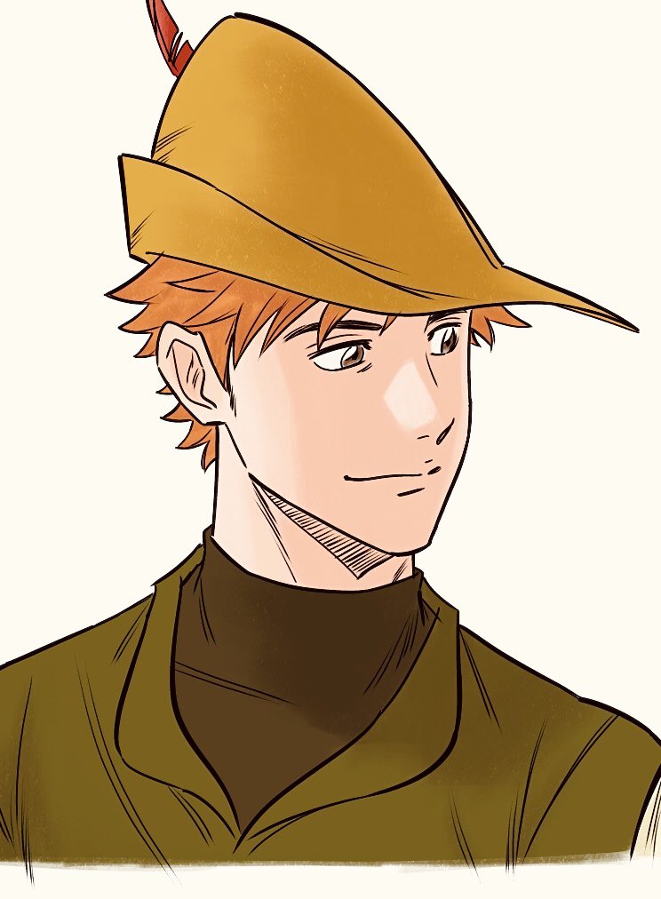 1boy brown_eyes brown_hat brown_shirt cropped_shoulders green_tunic hat hat_feather humanization looking_to_the_side male_focus orange_hair robin_hood_(disney_character) robin_hood_(disney_movie) shirt short_hair simple_background smile solo tunic uochandayo white_background