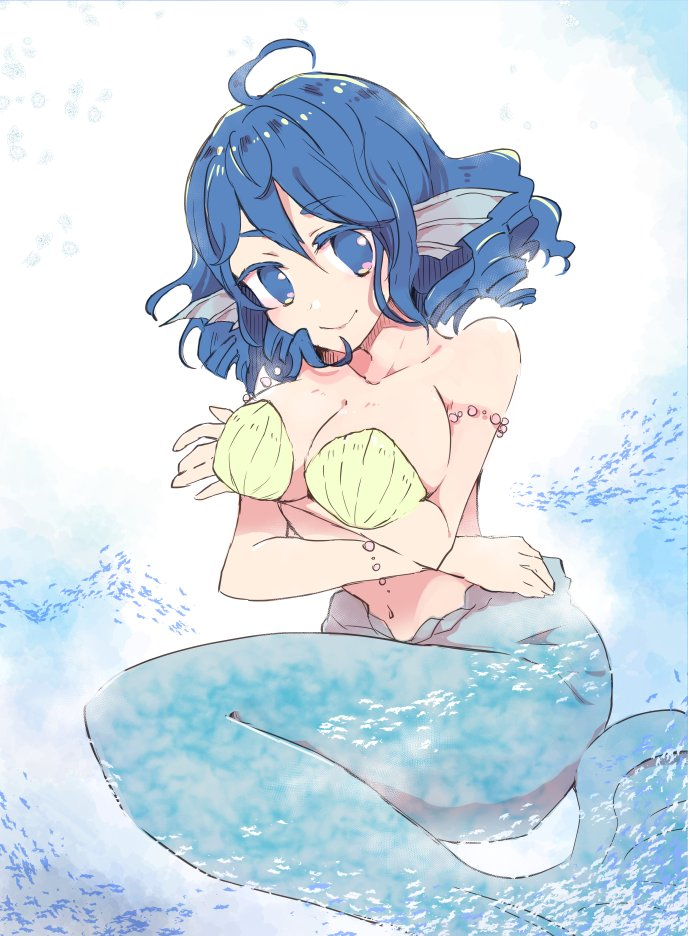 1girl ahoge bikini blue_eyes blue_hair breasts cleavage closed_mouth collarbone drill_hair drill_sidelocks fins happy head_fins japanese_clothes kimono kneeless_mermaid large_breasts looking_at_viewer mermaid monster_girl navel ocean shell shell_bikini sidelocks smile solo touhou tyrant_sugawara upper_body wakasagihime