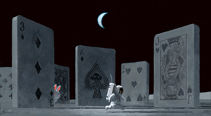 1other ace_(playing_card) ace_of_spades ambiguous_gender astronaut black_background card commentary crescent english_commentary five_of_hearts fmu from_side helmet jack_(playing_card) jack_of_hearts on_moon original oversized_object peeking_out playing_card rabbit red_eyes running seven_of_clubs spacesuit spade_(shape) three_of_diamonds wide_shot