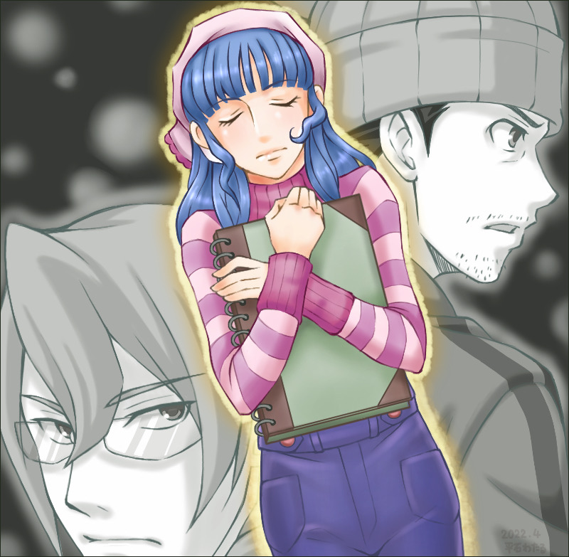 1girl 2boys ace_attorney blue_hair book closed_eyes denim facial_hair facing_viewer glasses grey_background hiraishi_wataru holding holding_book kristoph_gavin long_hair long_sleeves multiple_boys phoenix_wright pink_headwear pocket skullcap striped_sleeves stubble vera_misham