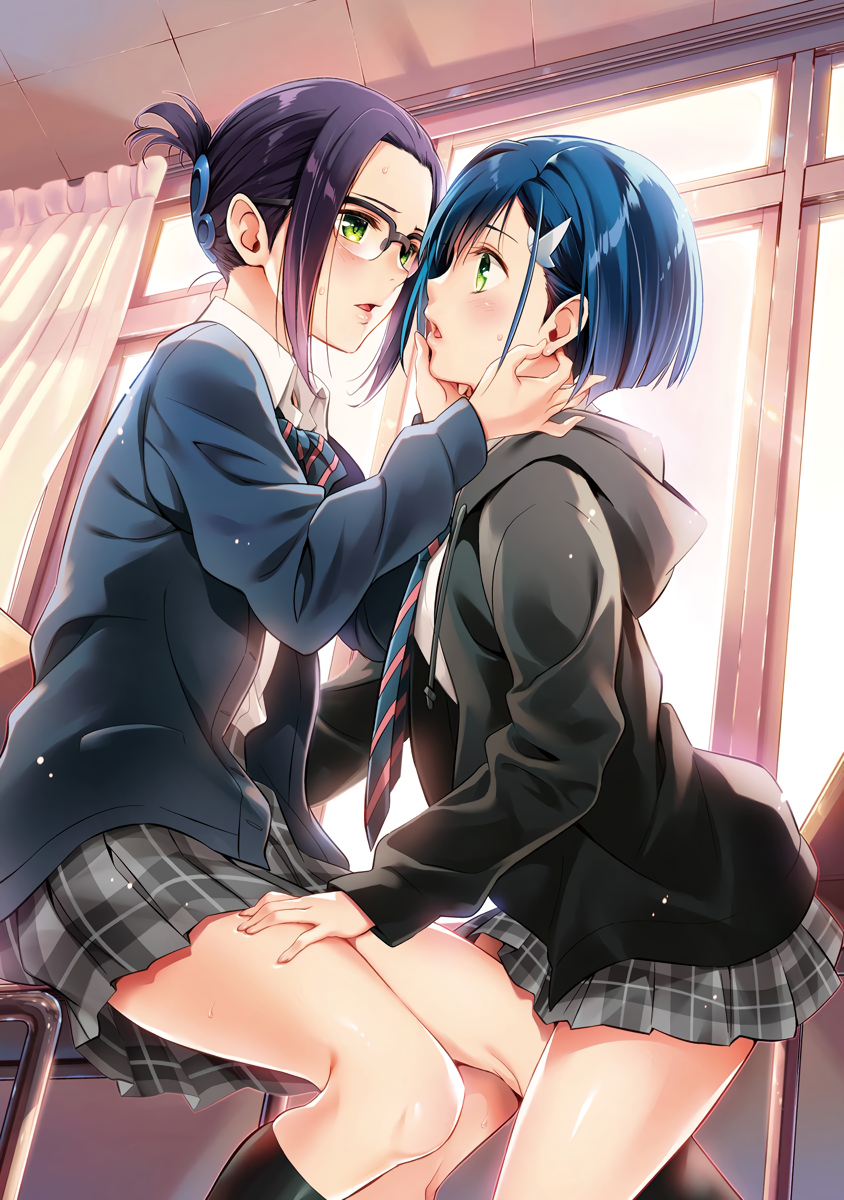2girls blue_hair blush bob_cut bow classroom curtains darling_in_the_franxx forehead glasses green_eyes hair_ornament hair_pulled_back hairclip hand_on_another&#039;s_chin hand_on_another&#039;s_ear hand_on_another&#039;s_thigh highres hood hoodie ichigo_(darling_in_the_franxx) ikuno_(darling_in_the_franxx) jacket kneehighs long_sidelocks looking_at_another multiple_girls necktie official_alternate_costume official_art open_clothes open_jacket open_mouth plaid_clothes plaid_skirt purple_hair semi-rimless_eyewear sidelocks sitting sitting_on_table skirt socks standing sweat third-party_source window yabuki_kentarou yuri