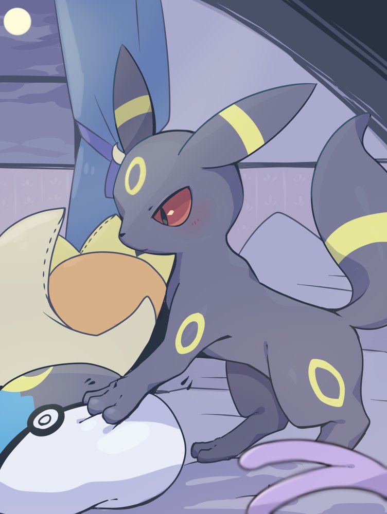 black_eyes blush closed_mouth colored_sclera espeon forked_tail gen_2_pokemon looking_down moon moon_ball mu64mu4 night nintendo no_humans pillow poke_ball pokemon pokemon_(creature) red_sclera solo stuffed_toy tail umbreon window