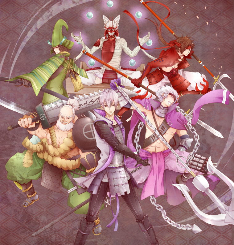 5boys armor bandages beard brown_hair chain chosokabe_motochika_(sengoku_basara) chousokabe_motochika_(sengoku_basara) facial_hair grin hat ishida_mitsunari ishida_mitsunari_(sengoku_basara) katana male_focus mouri_motonari multiple_boys ootani_yoshitsugu polearm rakkyhappy sanada_yukimura_(sengoku_basara) sengoku_basara shimazu_yoshihiro topless_male short_hair smile sword weapon white_hair