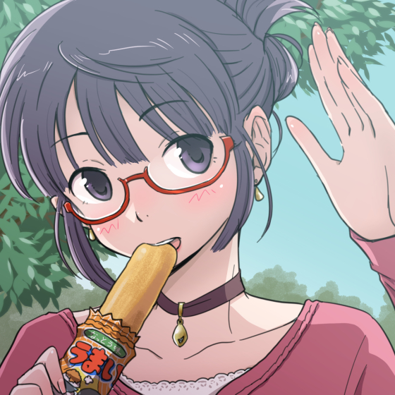 1girl black_eyes black_hair blue_sky blush cardigan choker earrings eating food glasses hair_bun jewelry original pink_cardigan single_hair_bun sky tree umaibou yazwo