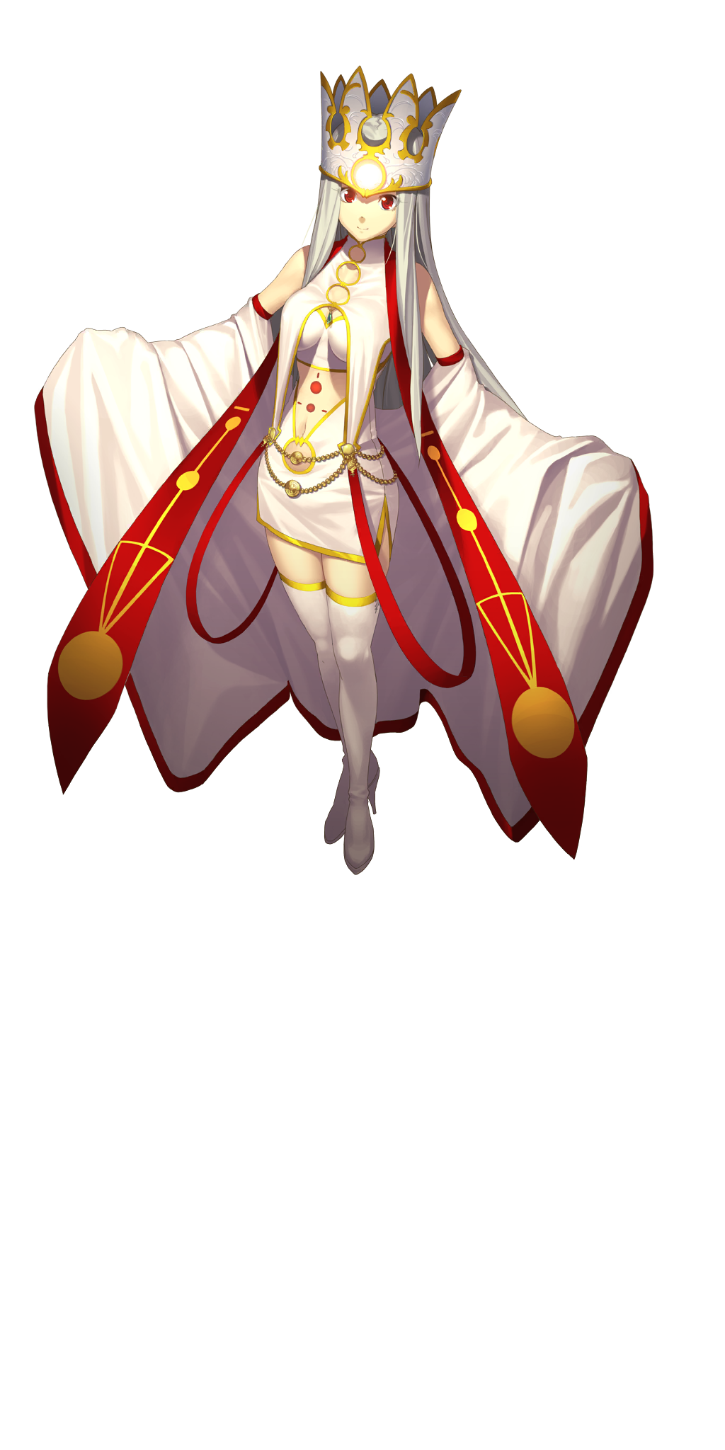 1girl above_cleavage_cutout bare_shoulders boots breasts breasts_apart closed_mouth clothing_cutout crop_top crown detached_sleeves dress dress_of_heaven fate/grand_order fate_(series) full_body halterneck high_collar highres irisviel_von_einzbern irisviel_von_einzbern_(caster) large_breasts legs_together long_hair long_sidelocks looking_at_viewer medium_breasts miniskirt navel official_art red_eyes shima_udon shirt side_slit sidelocks skirt sleeveless sleeveless_shirt smile solo standing stole tachi-e thigh_boots third-party_source transparent_background white_boots white_crown white_hair white_shirt white_skirt white_sleeves