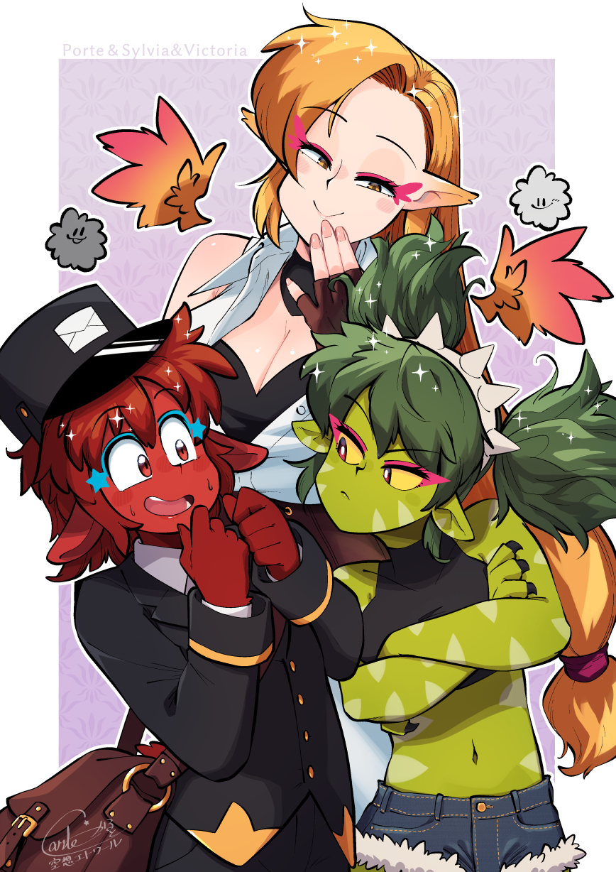 1boy 2girls black_hat black_jacket black_pants blonde_hair blue_eyeliner blue_shorts blush breasts carte character_name cleavage closed_mouth collared_shirt colored_sclera colored_skin cowboy_shot detached_wings eyeliner feathered_wings female_goblin frown goblin green_hair green_skin grey_hairband hairband hat highres jacket long_hair long_sleeves looking_at_another looking_to_the_side low-tied_long_hair mailman makeup midriff multiple_girls navel open_mouth orange_wings original pants pink_eyeliner pointy_ears red_eyes red_skin shirt short_hair short_twintails shorts sleeveless sleeveless_shirt smile spiked_hairband spikes twintails white_shirt wings yellow_sclera
