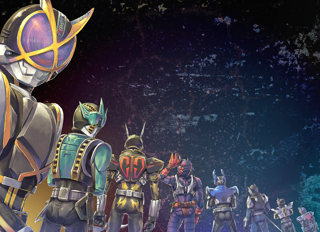 6+boys belt from_behind kamen_rider kamen_rider_555 kamen_rider_agito_(series) kamen_rider_blade_(series) kamen_rider_chalice kamen_rider_den-o_(series) kamen_rider_g3 kamen_rider_gatack kamen_rider_hibiki kamen_rider_hibiki_(series) kamen_rider_kabuto_(series) kamen_rider_kaixa kamen_rider_knight kamen_rider_ryuki_(series) kamen_rider_thebee kamen_rider_zeronos koto_eri looking_back male_focus multiple_boys odd_one_out sword weapon