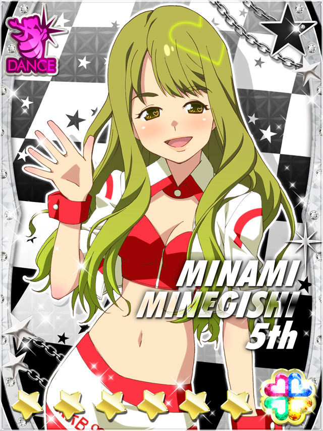 1girl :d akb0048 bandeau breasts card_(medium) character_name checkered_background cleavage cowboy_shot crop_top cropped_jacket green_eyes green_hair heart jacket long_hair looking_at_viewer midriff minamino_mikako navel non-web_source official_art open_clothes open_jacket open_mouth pencil_skirt race_queen red_bandeau red_wrist_cuffs short_sleeves skirt smile solo sparkle standing star_(symbol) waving wavy_hair wrist_cuffs