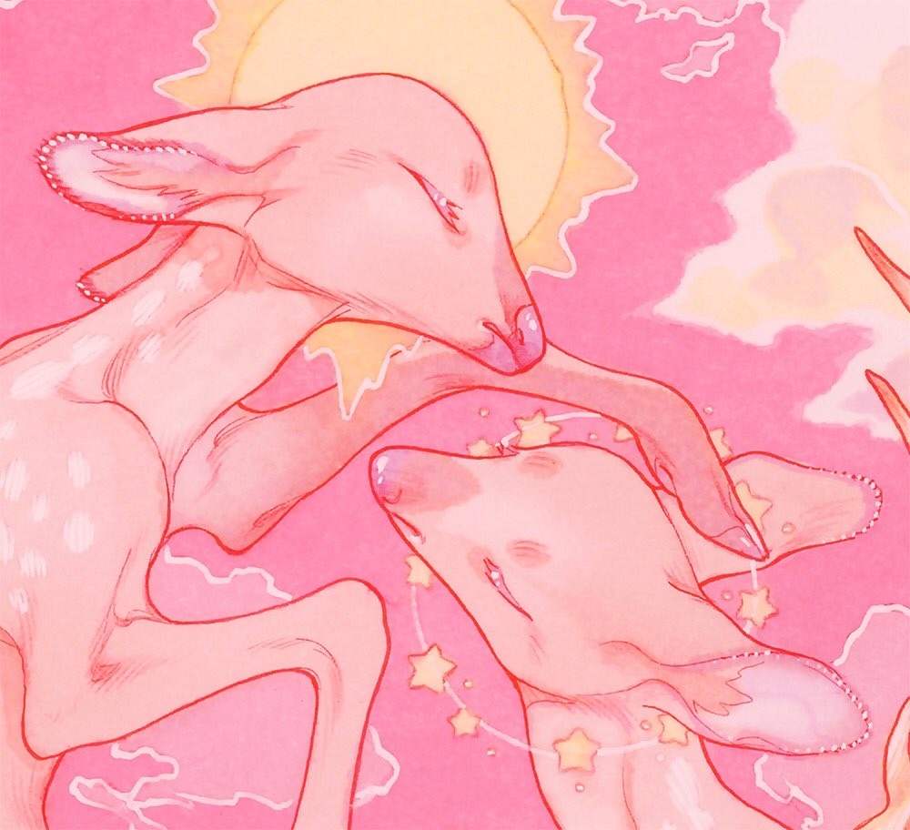 2others angel animal_focus antlers baby_animal closed_eyes colored_eyelashes commentary cropped deer deer_antlers fawn feathered_wings feathers fleebites halo hand_on_another&#039;s_head horns limited_palette multiple_others no_humans original pastel_colors pink_background pink_clouds pink_feathers pink_fur pink_theme pink_wings star_(sky) sun symbol-only_commentary wings yellow_clouds yellow_halo