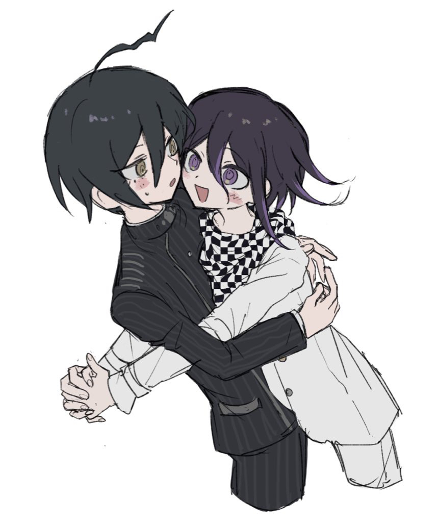 2boys ahoge black_hair black_jacket blush brown_eyes buttons checkered_clothes checkered_scarf collared_jacket commentary_request cropped_legs danganronpa_(series) danganronpa_v3:_killing_harmony flipped_hair from_side hair_between_eyes happy hug jacket long_sleeves male_focus medium_hair multiple_boys oma_kokichi open_mouth own_hands_together pants pinstripe_jacket pinstripe_pants pinstripe_pattern purple_eyes purple_hair ringed_eyes saihara_shuichi scarf short_hair simple_background smile standing striped_clothes two-tone_scarf white_background xxxo_oxxx yaoi