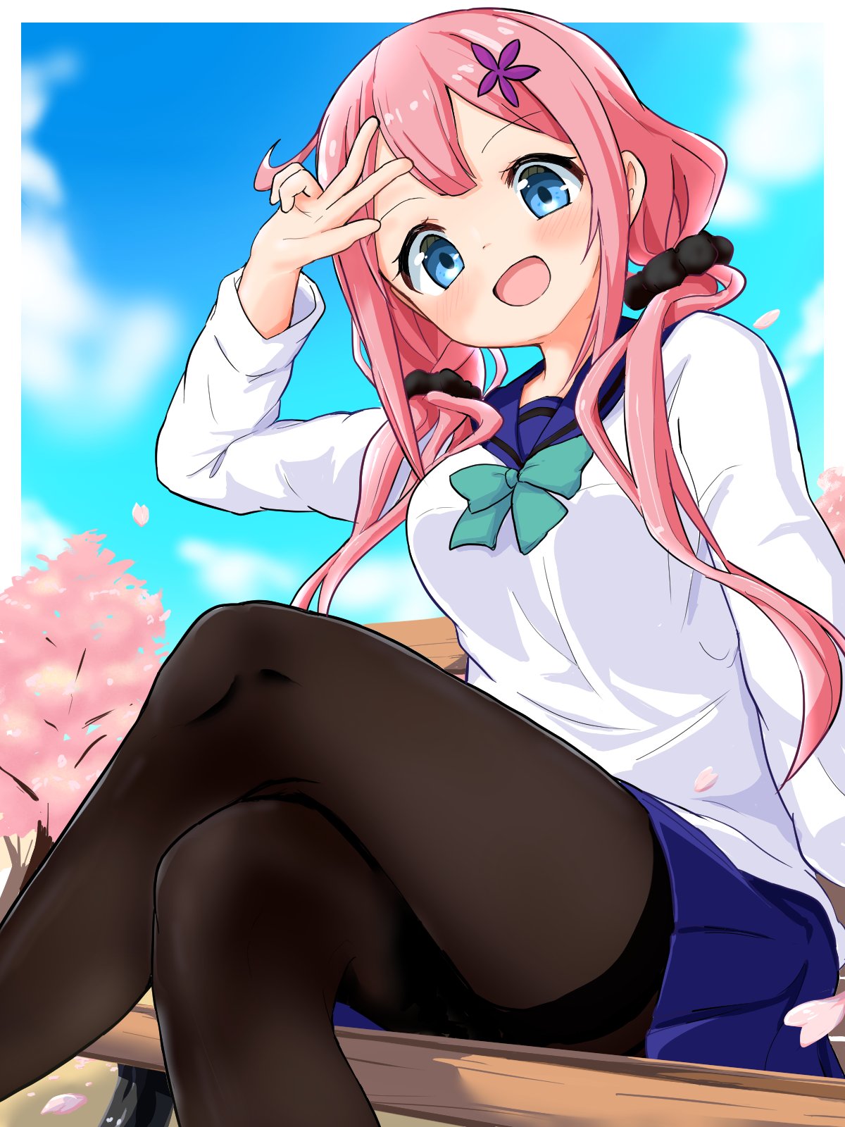 1girl bench blue_eyes blue_skirt blush bow cherry_blossoms cloud crossed_legs female_focus green_bow hair_ornament highres long_hair looking_at_viewer ochikobore_fruit_tart open_mouth pantyhose pink_hair sailor_collar sakura_ino school_uniform serafuku sitting skirt sky solo tagme tree twintails
