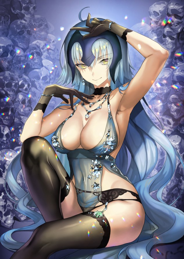 1girl ahoge arm_up armpits artoria_pendragon_(fate) artoria_pendragon_(lancer_alter)_(fate) artoria_pendragon_(lancer_alter)_(fate)_(cosplay) artoria_pendragon_(royal_icing)_(fate) artoria_pendragon_(royal_icing)_(fate)_(cosplay) babydoll bare_shoulders black_panties blue_hair bracelet breasts choker cleavage collarbone cosplay craft_essence_(fate) crystal crystal_skull fate/apocrypha fate/grand_order fate_(series) female_focus garter_belt garter_straps gloves groin hands_up headpiece jeanne_d&#039;arc_(fate) jeanne_d&#039;arc_(ruler)_(fate) jeanne_d&#039;arc_alter_(avenger)_(fate) jeanne_d&#039;arc_alter_(fate) jewelry knee_up large_breasts lingerie long_hair looking_at_viewer multicolored_hair necklace official_alternate_costume panties revealing_clothes sage_joh see-through_clothes silver_hair sitting skull smile solo thighhighs underwear yellow_eyes
