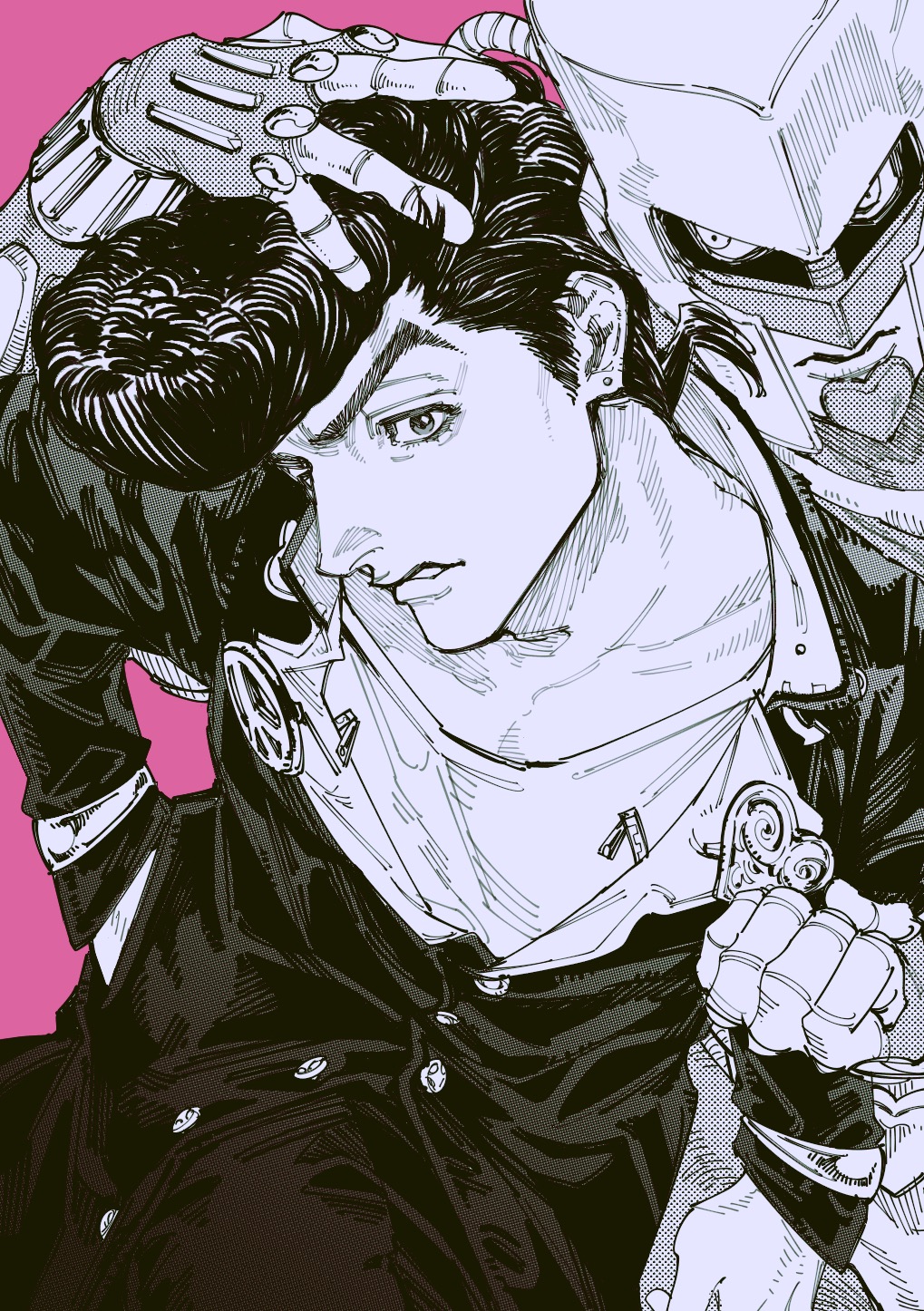 1boy 1other crazy_diamond diamond_wa_kudakenai gakuran greyscale_with_colored_background heart_ornament higashikata_josuke highres jojo_no_kimyou_na_bouken long_sleeves looking_at_viewer male_focus parted_lips peace_symbol pink_background pompadour school_uniform stand_(jojo) teeth tsukaikata_wa_wakaru tube zipper