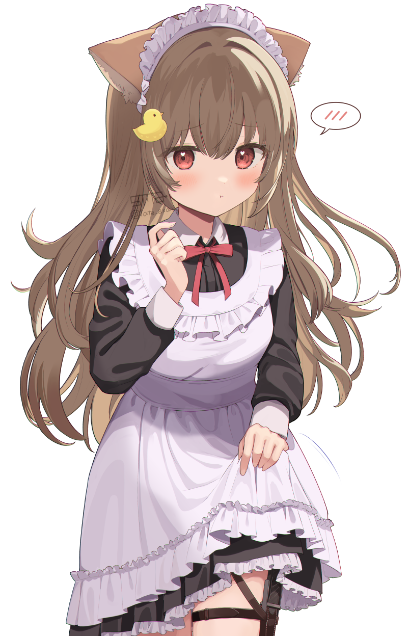 1girl animal_ears blush bow bowtie brown_hair cat_ears cat_girl dress duck_hair_ornament frilled_dress frills goma_(u_p) hair_ornament highres long_hair maid original red_bow red_bowtie red_eyes skirt_hold watermark