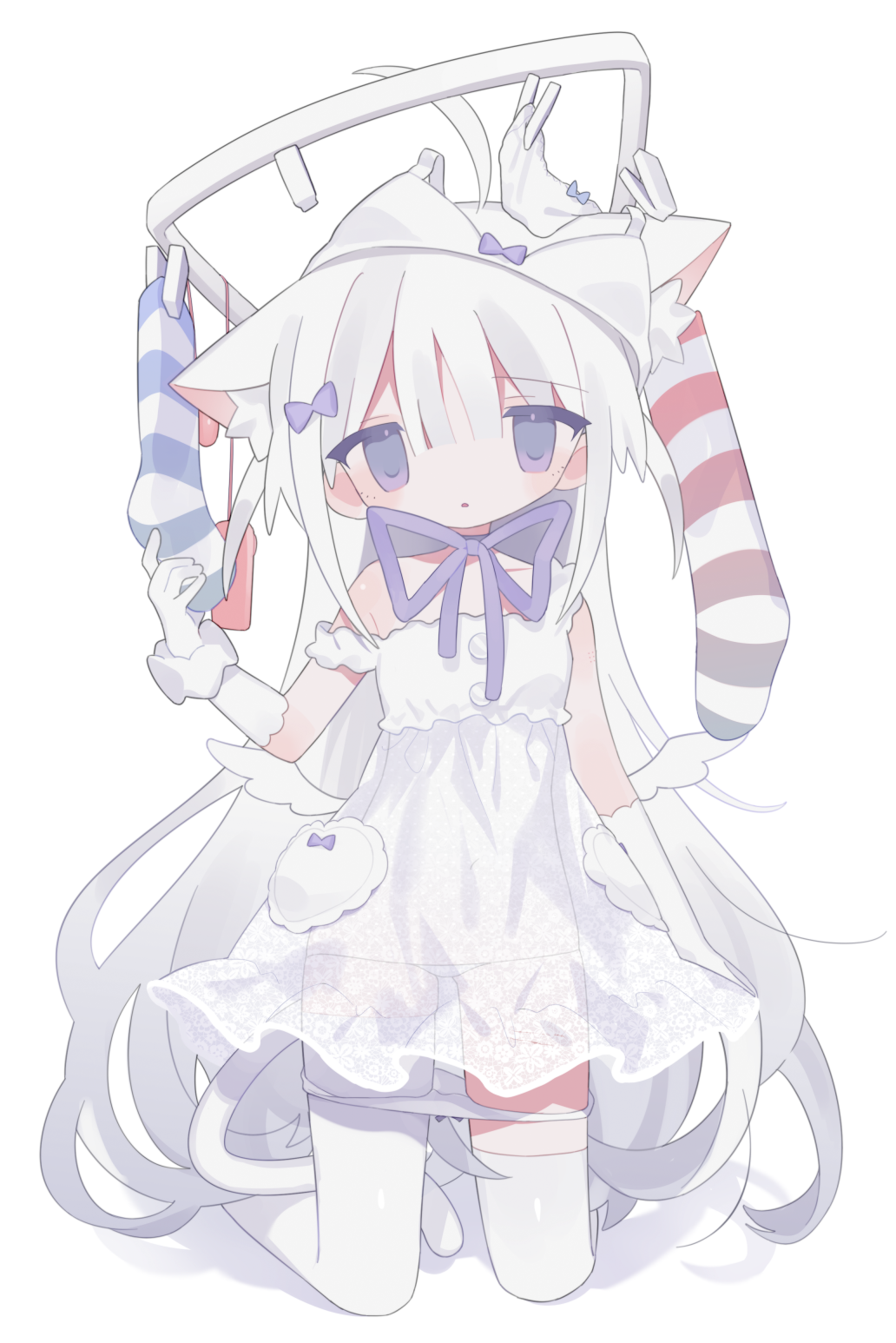 1girl ahoge angel_wings animal_ear_fluff animal_ears asymmetrical_legwear bow bra bra_on_head buttons cat_ears cat_girl cat_tail choker daizu_(melon-lemon) dress full_body gloves hair_between_eyes hair_bow highres kneeling laundry layered_panties long_bangs long_hair looking_at_viewer micro_panties mini_wings neck_ribbon object_on_head original panties panty_pull parted_lips purple_bow purple_eyes purple_ribbon remote_control_vibrator ribbon ribbon_choker see-through_clothes see-through_dress sex_toy sidelocks simple_background sleeveless sleeveless_dress socks solo strap_slip tail thighhighs underwear uneven_legwear unworn_socks very_long_hair vibrator white_background white_bra white_dress white_gloves white_hair white_panties white_theme white_thighhighs white_wings wings