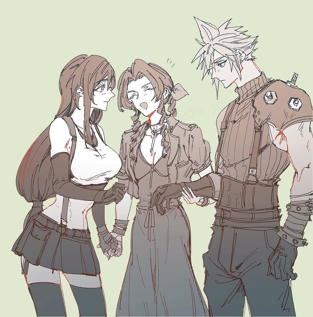 1boy 2girls aerith_gainsborough armor arms_around_neck arms_around_waist bandaged_arm bandages bare_shoulders belt black_bra black_gloves black_skirt black_thighhighs blush bra braid braided_ponytail breasts choker cleavage closed_eyes cloud_strife cowboy_shot crop_top cropped_jacket dress earrings elbow_gloves final_fantasy final_fantasy_vii final_fantasy_vii_rebirth final_fantasy_vii_remake flower_choker gloves hair_between_eyes hair_ribbon hair_tie half-closed_eyes holding_another&#039;s_arm jewelry large_breasts light_blush long_dress long_hair looking_at_another low-tied_long_hair medium_breasts midriff miniskirt multiple_belts multiple_girls navel open_mouth parted_bangs pleated_skirt ribbon shio_ga shirt short_hair short_sleeves shoulder_armor sidelocks single_bare_shoulder single_braid single_earring single_shoulder_pad skirt sleeveless sleeveless_shirt sleeveless_turtleneck smile sports_bra suspenders sweatdrop thighhighs tifa_lockhart turtleneck underwear white_shirt wide-eyed yellow_background