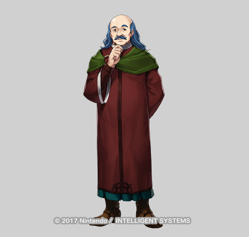 1boy balding blue_hair brown_footwear capelet commentary copyright_name dai-xt facial_hair fire_emblem fire_emblem:_the_binding_blade fire_emblem_heroes full_body green_capelet hand_on_own_chin long_hair looking_at_viewer male_focus merlinus_(fire_emblem) mustache nintendo official_art old old_man solo standing tunic