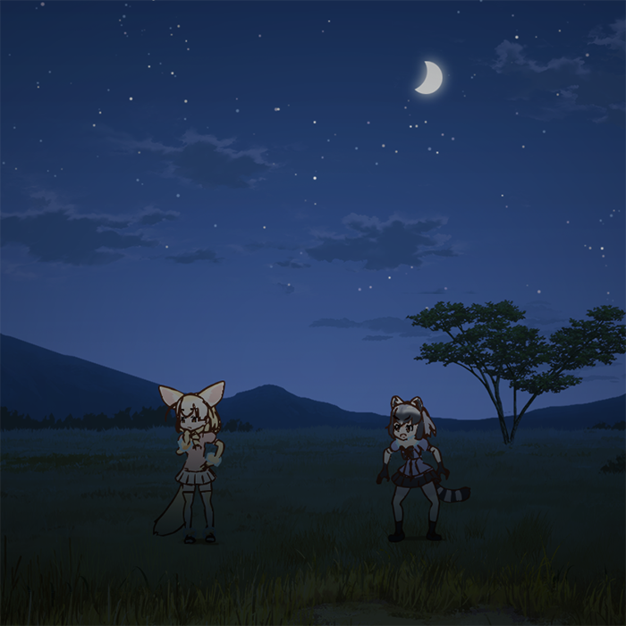 &gt;:o 10s 2girls 3d :o animal_ears black_bow black_bowtie black_gloves black_hair black_skirt blonde_hair bow bowtie cloud colored_skin common_raccoon_(kemono_friends) crescent_moon fennec_(kemono_friends) fox_ears fox_tail gloves grass grey_hair hand_on_own_chin hand_on_own_hip kemono_friends miniskirt moon mountain multicolored_hair multiple_girls night night_sky official_art pantyhose pink_sweater pleated_skirt raccoon_ears raccoon_tail short_hair skirt sky standing star_(sky) sweater tail tatsuki_(irodori) thighhighs tree v-shaped_eyebrows white_legwear white_skin zettai_ryouiki