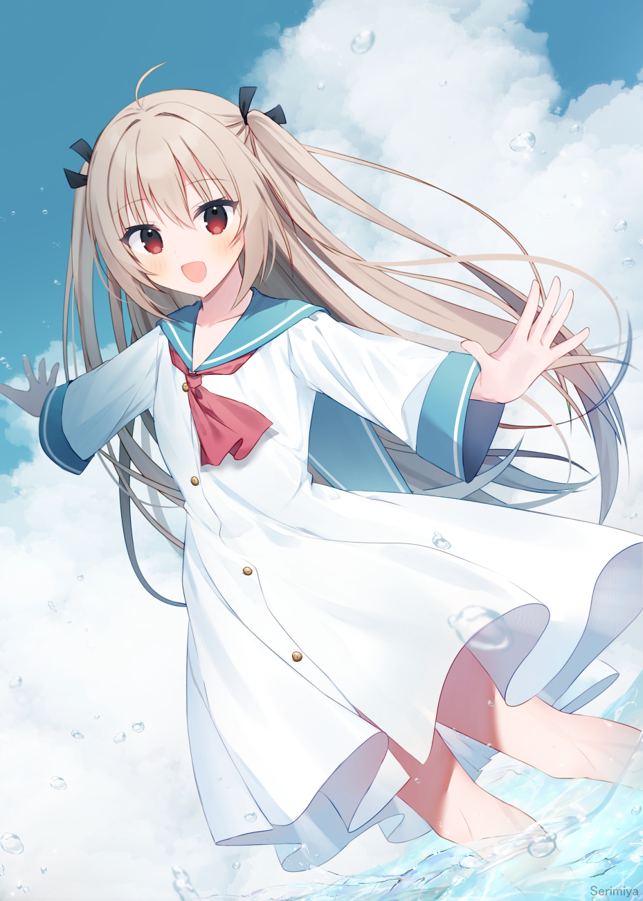 1girl :d ahoge aiyan ascot atri atri-my_dear_moments- blue_sailor_collar blue_sky blush brown_hair buttons cloud commentary_request day dress dutch_angle eyelashes eyes_visible_through_hair feet_out_of_frame floating_hair hair_between_eyes hair_intakes happy highres long_hair long_sleeves looking_at_viewer open_mouth outdoors outstretched_arms outstretched_hand red_ascot red_eyes sailor_collar sailor_dress sky smile solo standing two_side_up very_long_hair water water_drop white_dress wide_sleeves