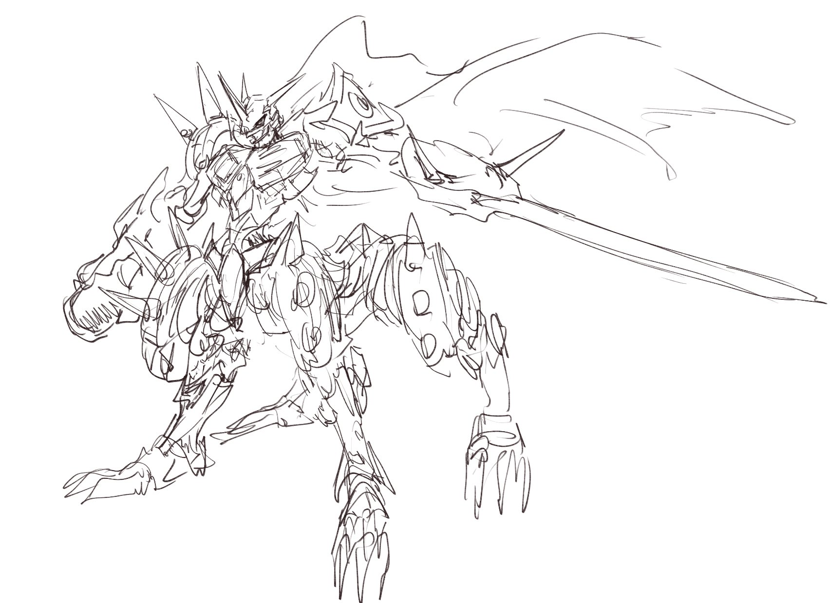 beta_digimon cape claws digimon digimon_(creature) fusion highres horns monochrome omegamon sketch solo spikes sword weapon