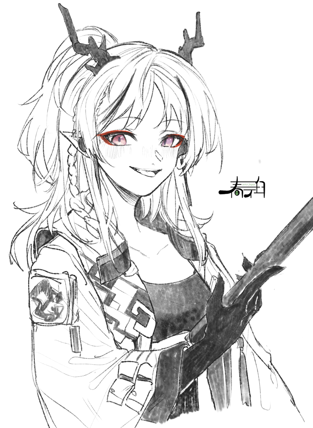 1girl :d antlers arknights braid breasts collarbone harukan_tiusu highres holding horns jacket long_hair long_sleeves looking_at_viewer monochrome nian_(arknights) open_clothes open_jacket open_mouth pointy_ears ponytail purple_eyes simple_background small_breasts smile solo spot_color upper_body white_background wide_sleeves