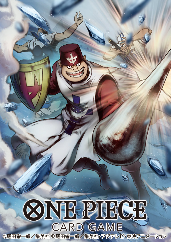 4boys attack boots commentary_request hat holding holding_shield holding_weapon jolly_roger long_sleeves looking_at_viewer marine_(one_piece) marine_uniform_(one_piece) multiple_boys nekobayashi official_art one_piece one_piece_card_game open_mouth pebble red_shirt shield shirt smile speed_jiru weapon whitebeard_pirates_jolly_roger