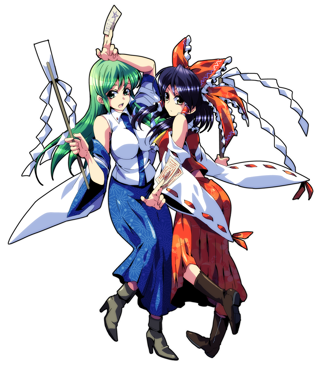 2girls am am_(blackant) ankle_boots ascot bad_id bad_pixiv_id black_hair blush boots bow breasts brown_eyes detached_sleeves female_focus frog gohei green_eyes green_hair hair_bow hair_ornament hair_tubes hakurei_reimu high_heel_boots high_heels highres japanese_clothes kochiya_sanae large_breasts long_hair medium_breasts miko multiple_girls ofuda shoes skirt snake talisman touhou