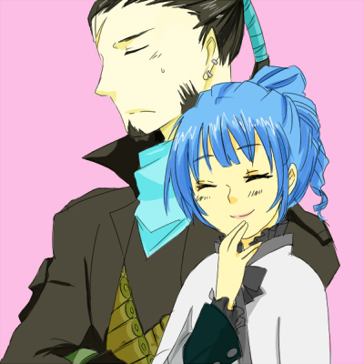1boy 1girl ange_serena beard black_hair blue_hair blush capelet coat dress earrings closed_eyes facial_hair frills jewelry lips long_hair lowres pink_background ponytail ricardo_soldato scar smile tales_of_(series) tales_of_innocence