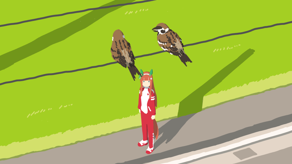 1girl animal_ears arms_at_sides bird bird_on_power_lines blue_eyes blunt_bangs day ear_covers eurasian_tree_sparrow grass hairband horse_ears horse_girl horse_tail jacket kashinoki_(koaaski) long_hair long_sleeves looking_at_animal looking_up no_mouth orange_hair outdoors pants power_lines red_pants red_sleeves shadow sidewalk silence_suzuka_(umamusume) solo sparrow standing tail tracen_training_uniform track_jacket track_suit umamusume white_hairband white_jacket wide_shot |_|
