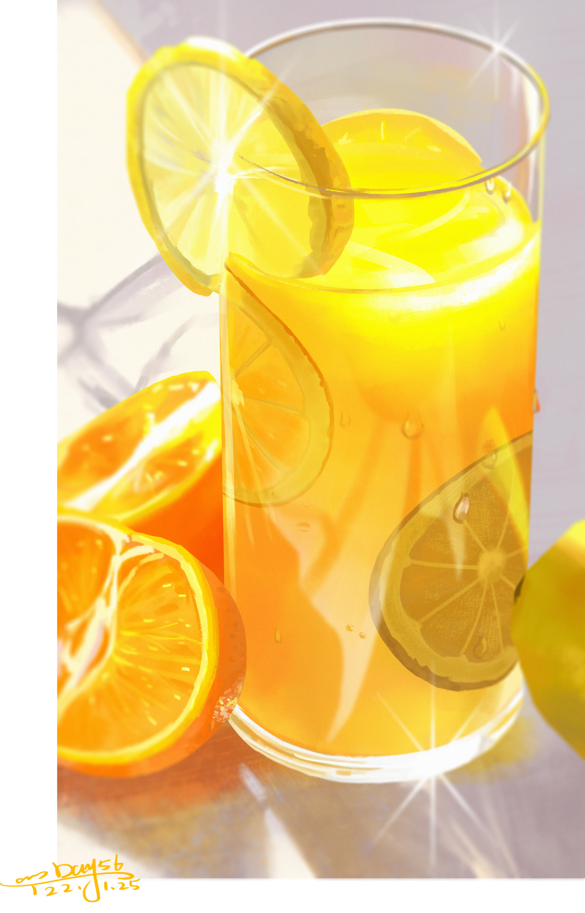border bubble chinese_commentary commentary_request dated food food_focus fruit glass highres lemon lemon_slice lemonade no_humans orange_(fruit) orange_slice original outdoors sanshui_guantang shade signature sparkle table white_border