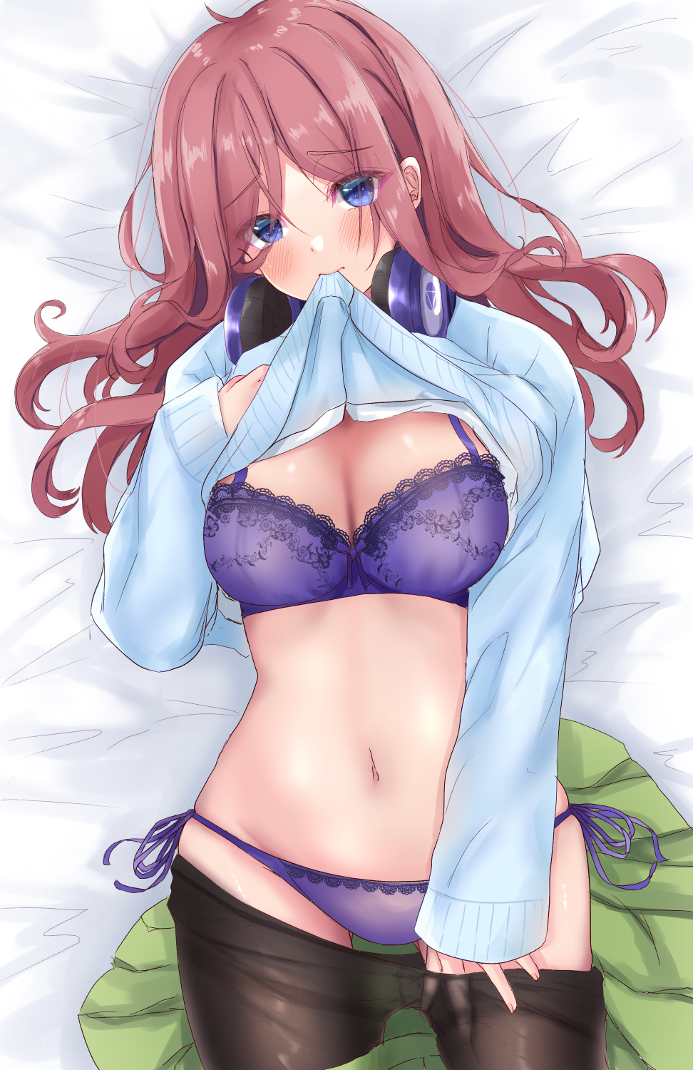 1girl ayachanman black_pantyhose blue_eyes blue_sweater bra breasts brown_hair clothes_in_mouth clothes_lift clothes_pull commentary_request go-toubun_no_hanayome green_skirt headphones headphones_around_neck highres large_breasts lifting_own_clothes long_hair lying nakano_miku navel on_back on_bed panties pantyhose pantyhose_pull purple_bra purple_panties side-tie_panties skirt solo stomach sweater sweater_lift underwear unworn_skirt