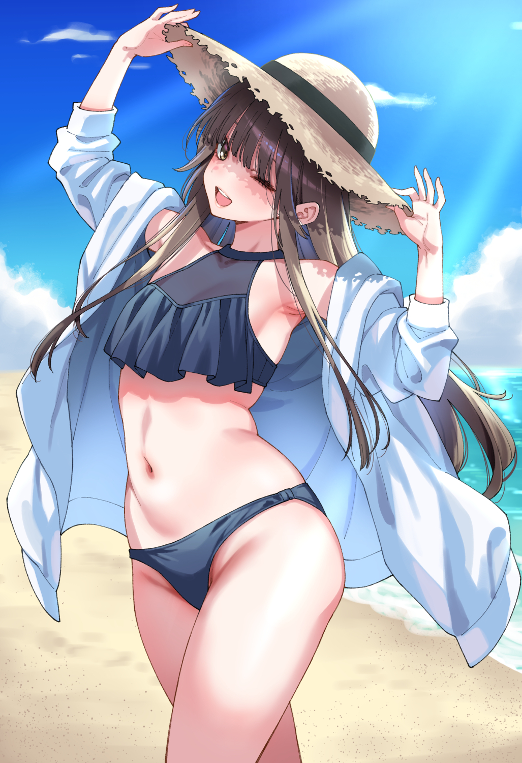 1girl adjusting_clothes adjusting_headwear amagami armpits beach bikini black_hair blue_bikini blunt_bangs breasts brown_eyes commentary_request day groin hands_on_headwear hands_up hat highres horizon jacket kamizaki_risa long_hair looking_at_viewer navel ocean one_eye_closed open_clothes open_jacket open_mouth outdoors sand shore shouji_nigou sky small_breasts smile solo standing straw_hat sun_hat swimsuit thighs water white_jacket