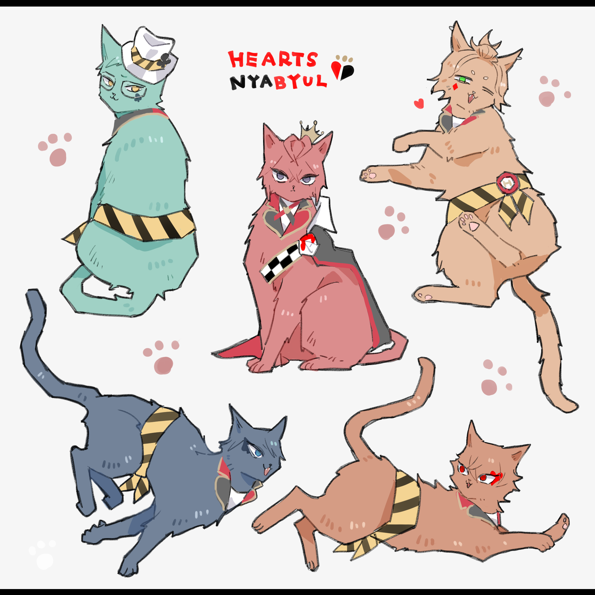 :3 ace_trappola animalization awara_kayu bangs_pinned_back black_cat black_eyes blue_eyes cape cat cater_diamond club_(shape) commentary_request crossed_bangs crown deuce_spade diamond_(shape) glasses green_cat green_eyes hair_over_one_eye hat heart highres looking_at_viewer looking_back lying makeup mini_hat mini_top_hat on_back one_eye_closed orange_cat partial_commentary paw_print piercing red_cat red_eyes riddle_rosehearts running sash simple_background sitting spade_(shape) top_hat trey_clover twisted_wonderland white_background yellow_eyes