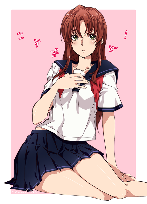 10s 1girl alternate_costume blush collarbone female_focus green_eyes ikoma_yumi long_hair looking_at_viewer machi_fuka parted_lips pink_background red_hair ribbon school_uniform serafuku signature sitting skirt solo soukyuu_no_fafner untied