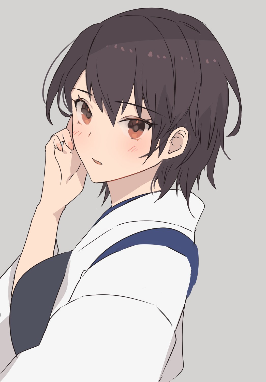 1girl alternate_hair_length alternate_hairstyle blush brown_eyes brown_hair commentary fingernails from_side grey_background hand_up highres kaga_(kancolle) kantai_collection kasumi_(skchkko) looking_at_viewer looking_to_the_side muneate parted_lips short_hair simple_background solo