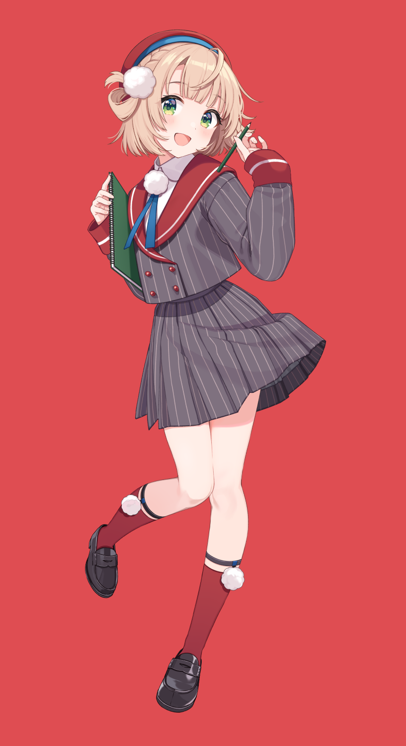 1girl ahoge beret black_jacket black_shoes black_skirt blonde_hair blue_ribbon buttons commentary_request eyelashes full_body green_eyes hair_ornament hands_up hat highres holding holding_pencil holding_sketchbook indie_virtual_youtuber jacket legs light_blush long_hair long_sleeves looking_at_viewer open_mouth pencil pinstripe_jacket pinstripe_pattern pinstripe_skirt pleated_skirt pom_pom_(clothes) pom_pom_hair_ornament red_background red_hat red_sailor_collar red_socks ribbon sailor_collar school_uniform shigure_ui shigure_ui_(vtuber) shigure_ui_(vtuber)_(1st_costume) shirt shoes short_hair sidelocks sketchbook skirt sleeves_past_wrists smile socks solo standing standing_on_one_leg tachi-e thighs virtual_youtuber white_shirt